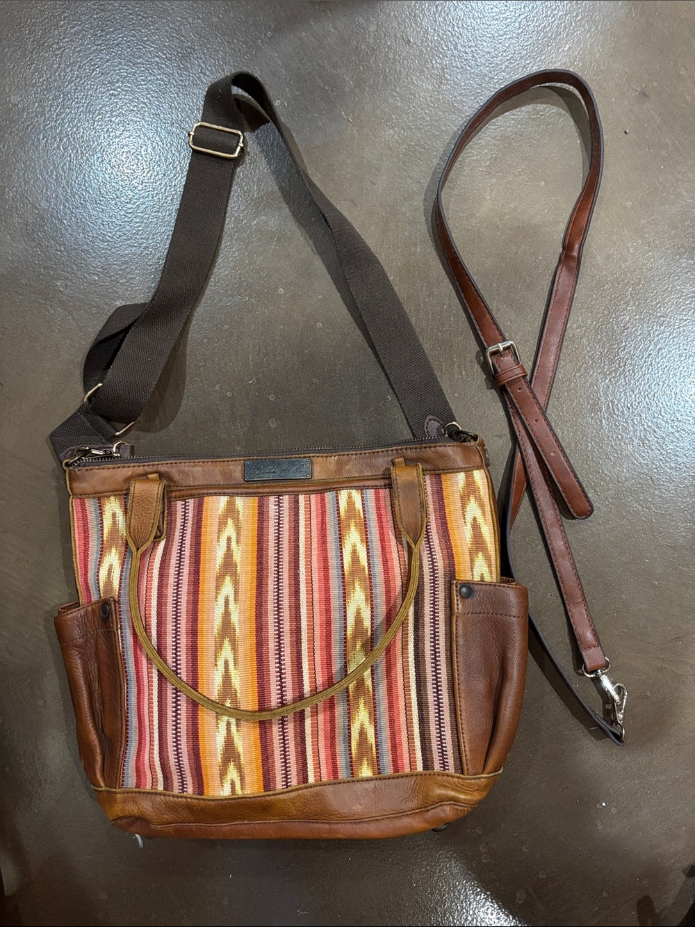 Nena & Co. Multicolor Striped Canvas and Brown Leather Shoulder Bag